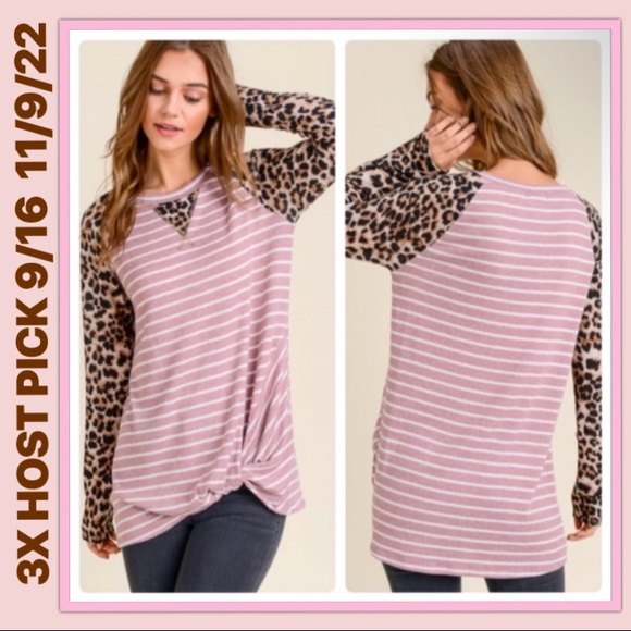 3XHP Brand NWT Gorgeous Pink & White Striped Leopard Front Twisted Hem Top- Sz S - Picture 5 of 7